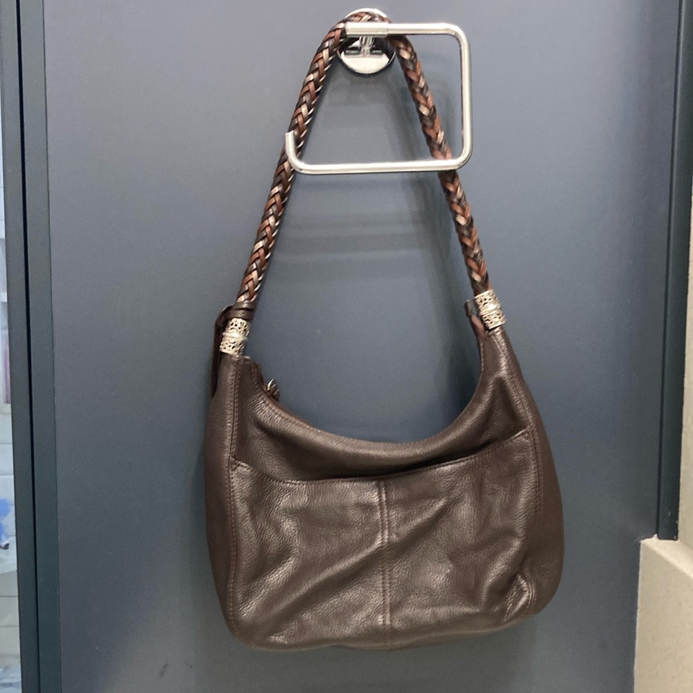 Brighton Barbados Brown Leather Zip Top Hobo Bag with Braided Leather Strap